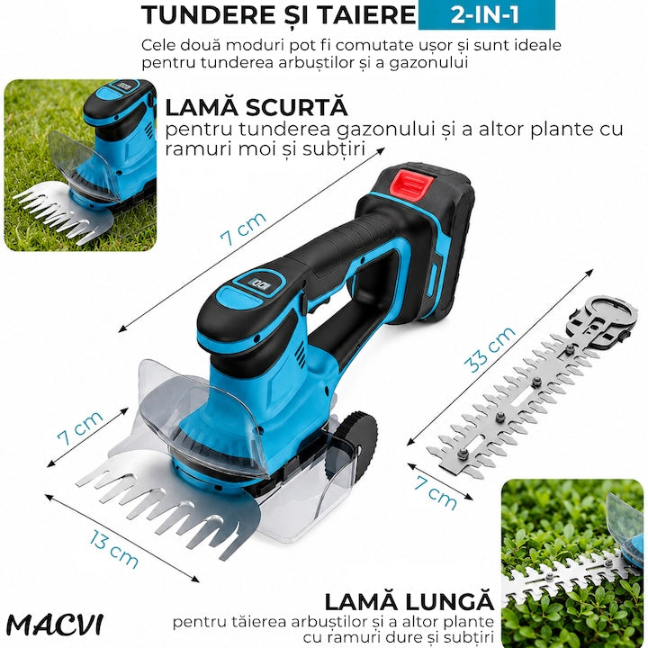 Set Multifunctional 6 in 1 Macvi 48V, Motocoasa, Mini Drujba, Foarfeca Gard Viu, Foarfeca Gazon, Foarfeca Electrica, Suflanta Frunze, Tija Telescopica, 2 Acumulatori Li-Ion, Motor Brushless