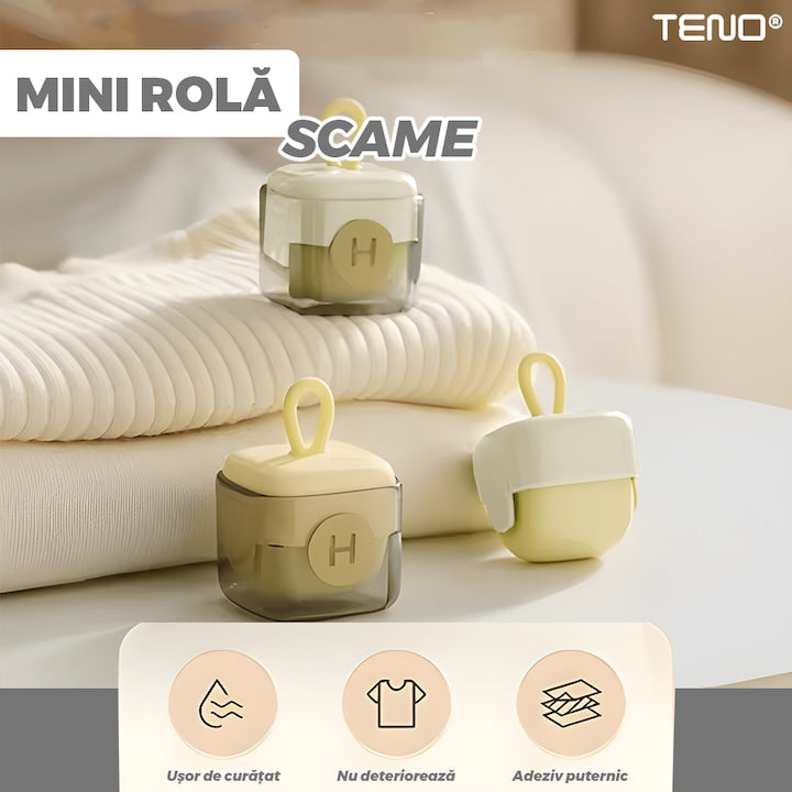 Mini Rola Scame Teno®, reutilizabila prin spalare, silicon lavabil, indepartare scame/par animale/praf, pentru mobilier/haine, compacta, 4.5 x 4.5 cm, crem/alb