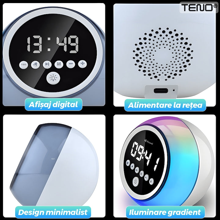 Ceas Desteptator Multifunctional Teno®, Bluetooth, functie de alarma, functie de radio, lumini RGB, autonomie ridicata, rotund