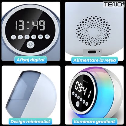 Ceas Desteptator Multifunctional Teno®, Bluetooth, functie de alarma, functie de radio, lumini RGB, autonomie ridicata, rotund