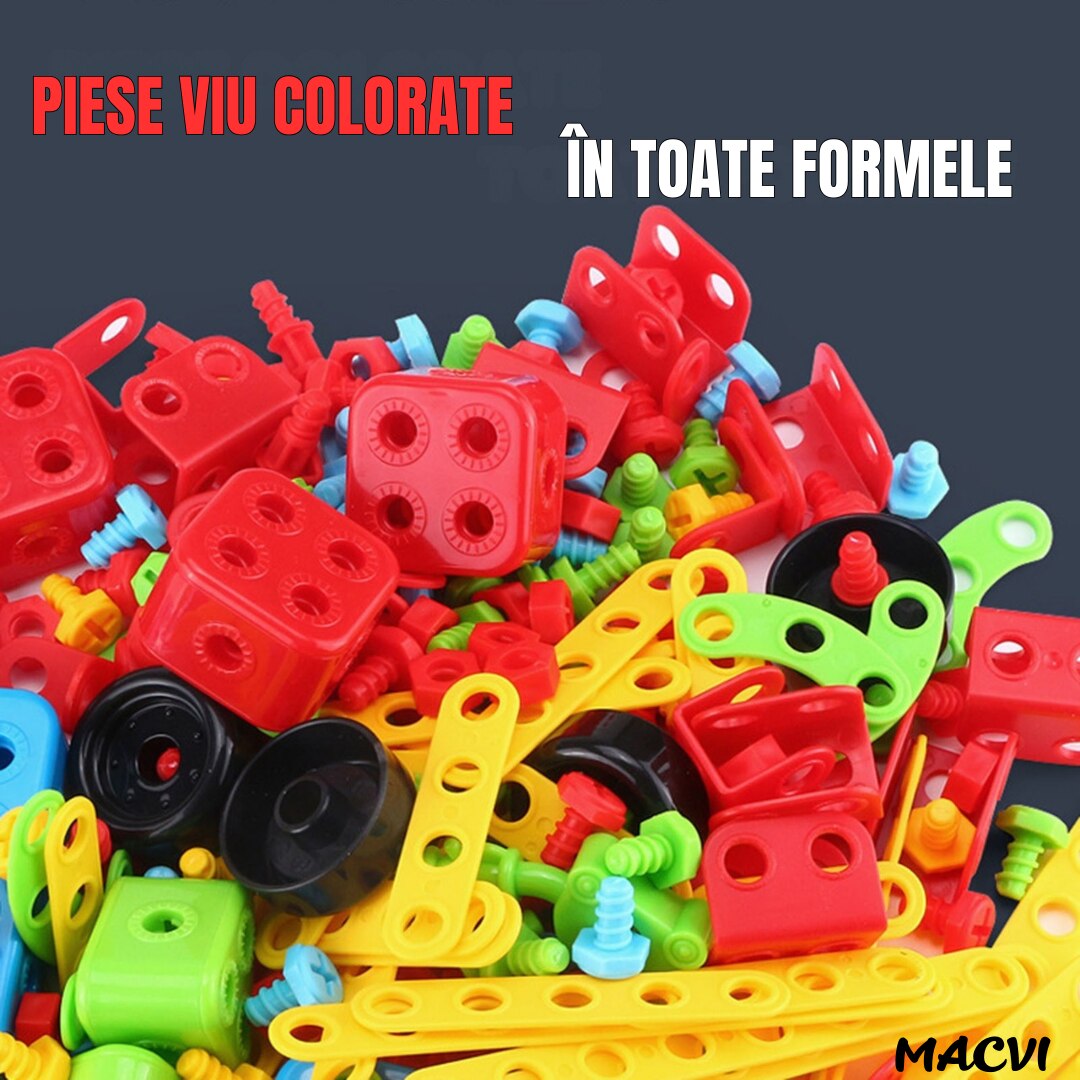 Jucarie educativa si interactiva Macvi® Set Constructie 404 Piese Puzzle 3D STEM, Cu Surubelnita Electrica, Multicolor, Pentru Copii 6+ Ani