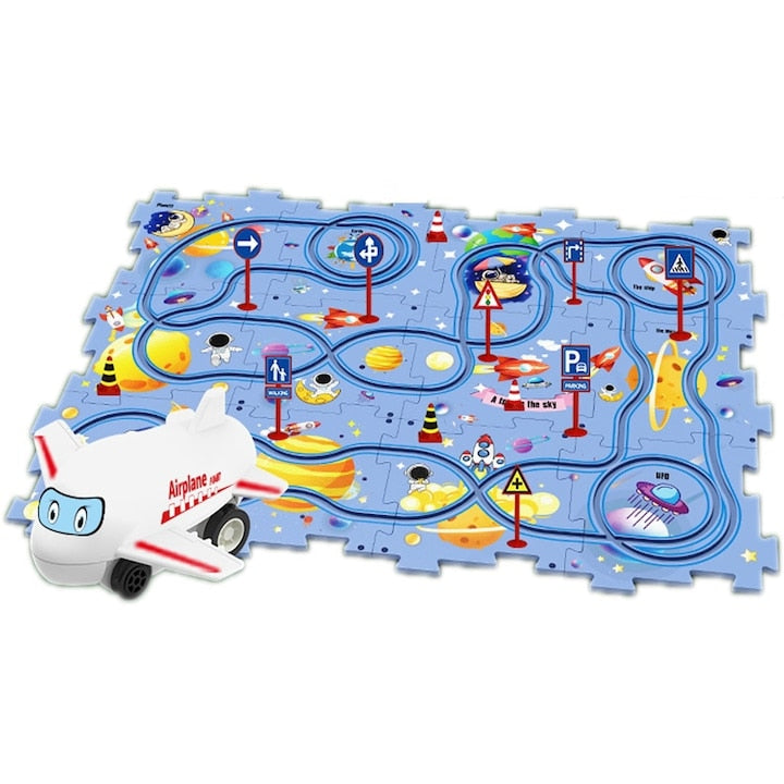 Set puzzle educational Macvi® cu pista de masinute si avion, 25 piese, model spatiu albastru, 47x38 cm, jucarie interactiva pentru copii 3+ ani