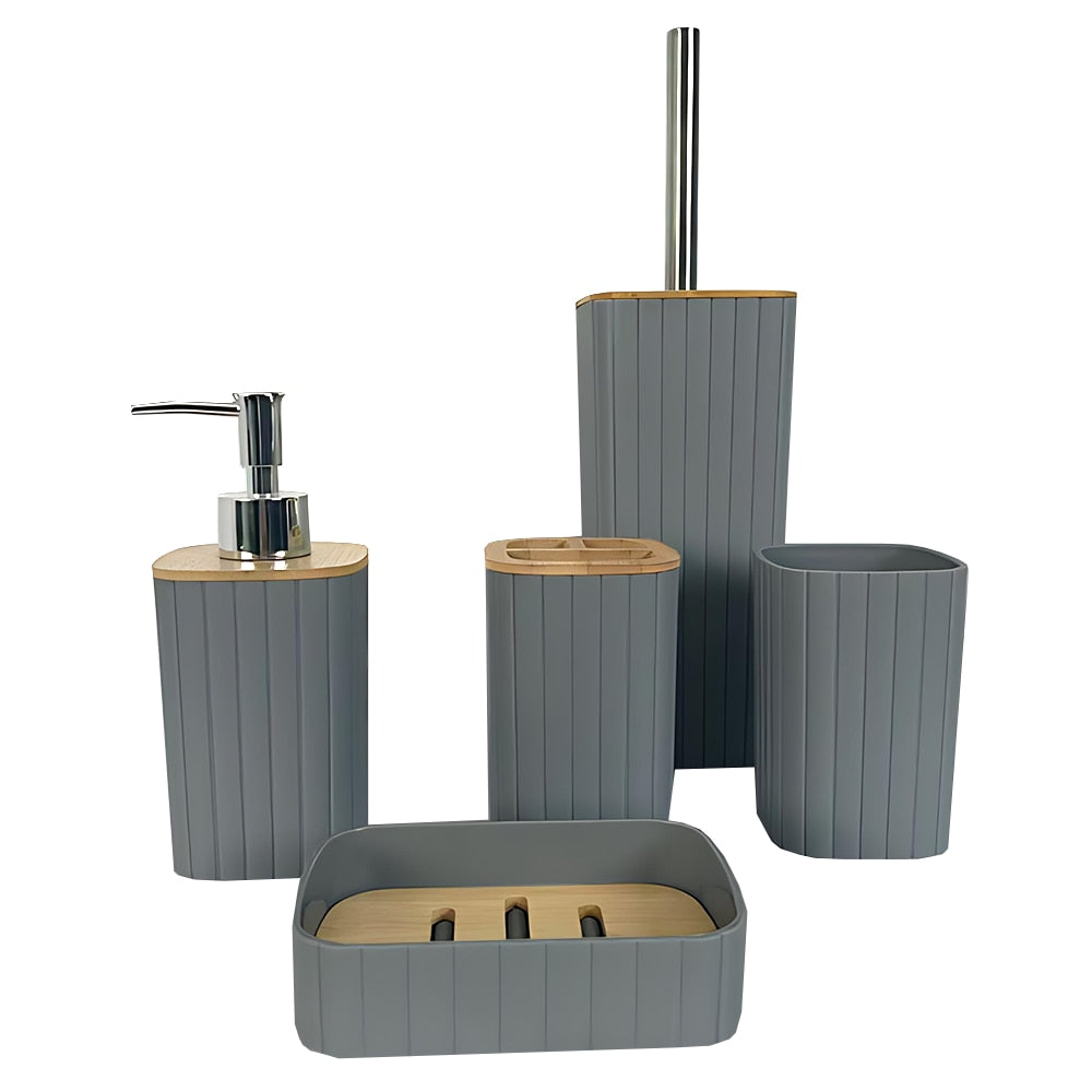 Set 5 Accesorii de Baie Teno, design minimalist, detalii din bambus, gri