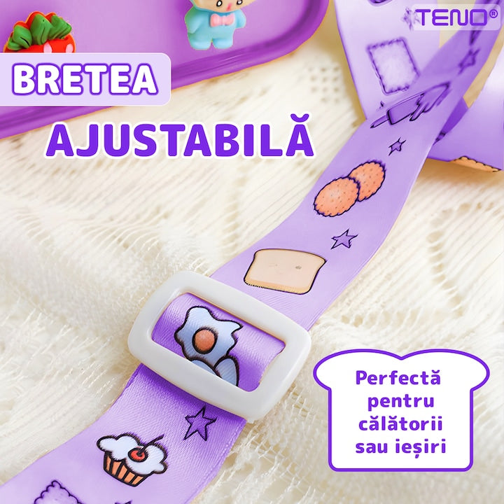 Sticla de Apa pentru Copii Teno®, forma de toast, fara BPA, anti-scurgere, usor de curatat, curea reglabila inclusa, pentru copii, 380 ml, mov