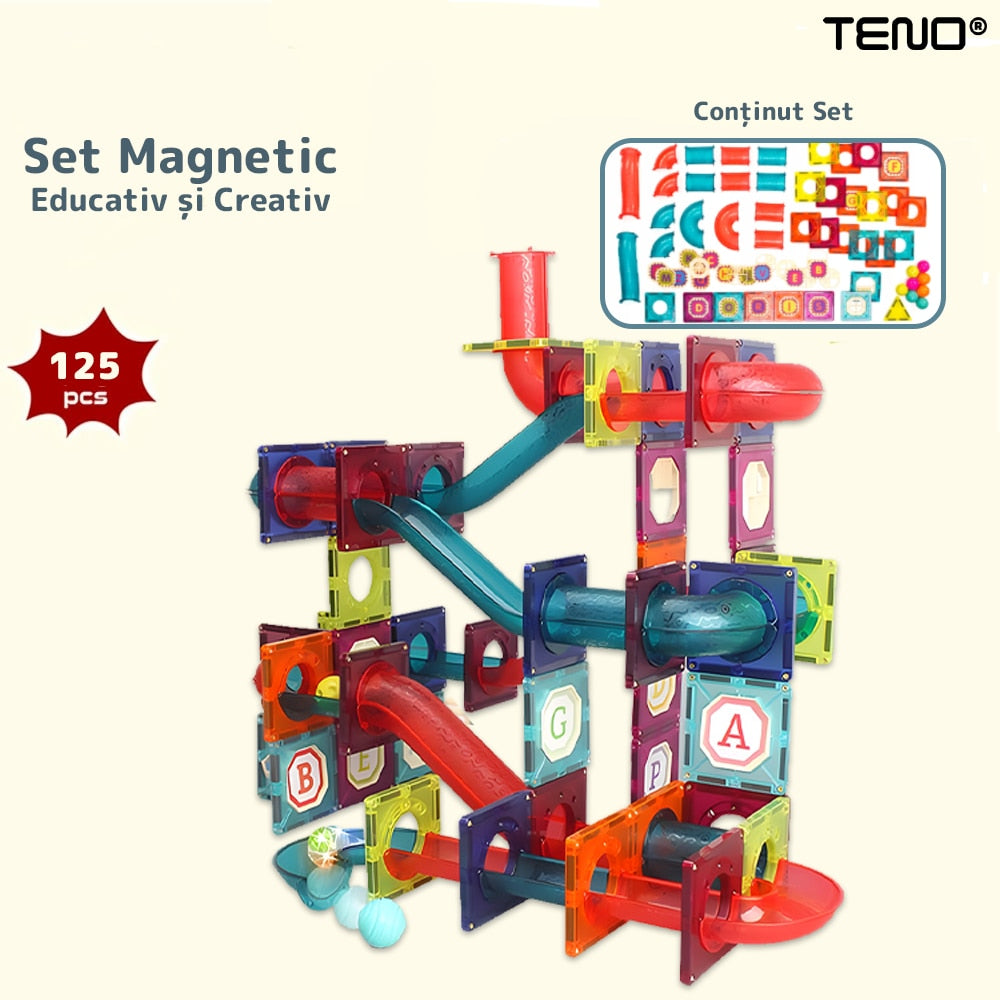 Set Inteligent si Creativ Magnetic 3D Teno®, 125 Piese, traseu cu bile, creativ, numeroase posibilitati de construit, dezvoltarea abilitatilor motrice si a imaginatiei, multicolor
