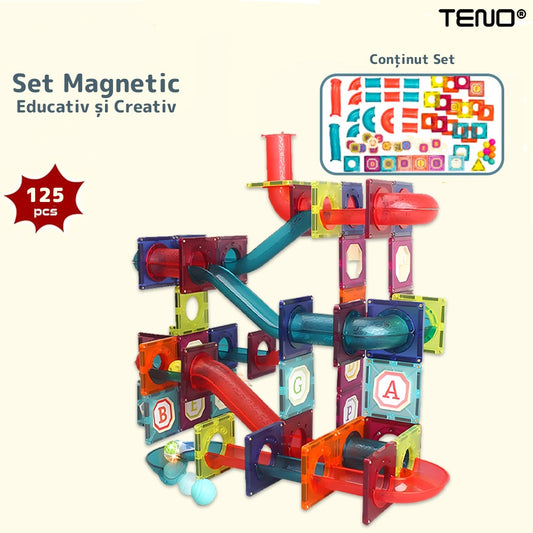 Set Inteligent si Creativ Magnetic 3D Teno®, 125 Piese, traseu cu bile, creativ, numeroase posibilitati de construit, dezvoltarea abilitatilor motrice si a imaginatiei, multicolor