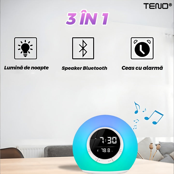 Ceas Desteptator Multifunctional Teno®, Bluetooth, functie de alarma, functie de radio, afisaj temperatura, lumini RGB, autonomie ridicata, rotund