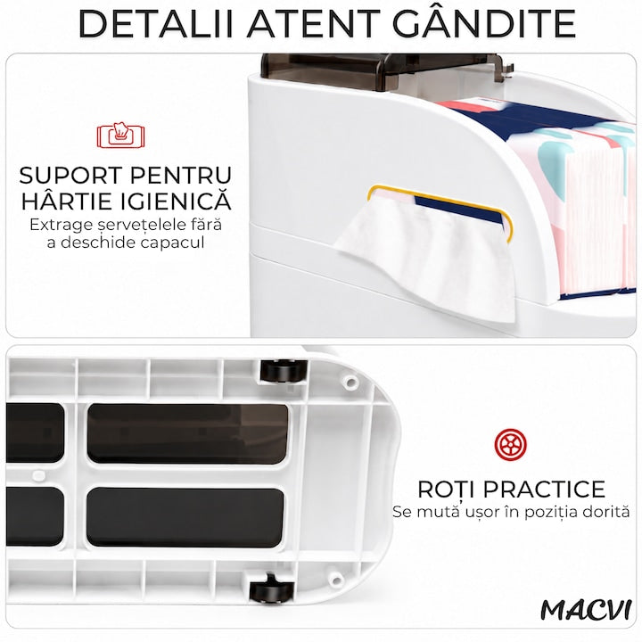 Dulap Mobil Organizator Macvi®, 4 Sertare, 78× 18 × 41cm, Organizator Vertical Ultra-Slim cu Suport pentru Hartie Igienica, PVC Rezistent, Alb