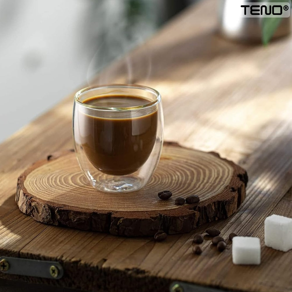Set 4 Pahare din Sticla cu Perete Dublu Teno®, termorezistente, design modern, capacitate 250 ml, 9 x 8 cm