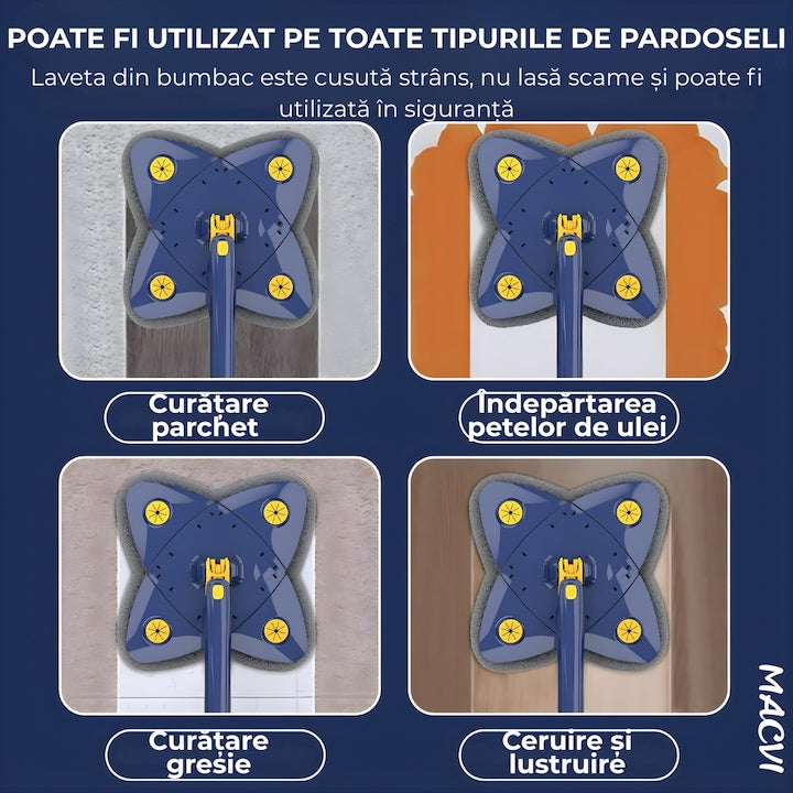 Mop cu Cap Stea Macvi® 360° Telescopic Curatare Usoara, 2 lavete Microfibra, Lungime 123 cm, Albastru/Galben