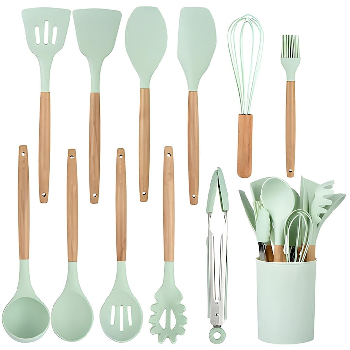 Set Ustensile Bucatarie 12 Piese Silicon Alimentar Teno®, termorezistente, antiaderente, sigure, suport inclus, verde deschis