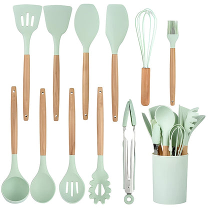 Set Ustensile Bucatarie 12 Piese Silicon Alimentar Teno®, termorezistente, antiaderente, sigure, suport inclus, verde deschis
