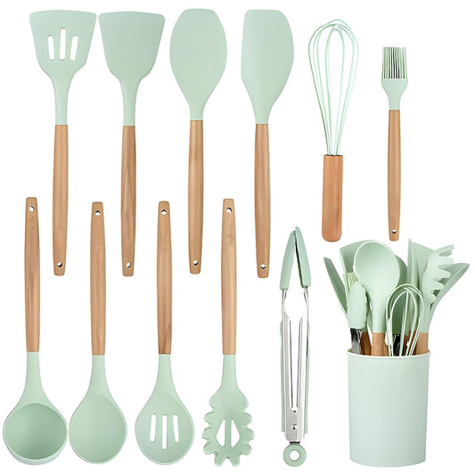Set Ustensile Bucatarie 12 Piese Silicon Alimentar Teno®, termorezistente, antiaderente, sigure, suport inclus, verde deschis