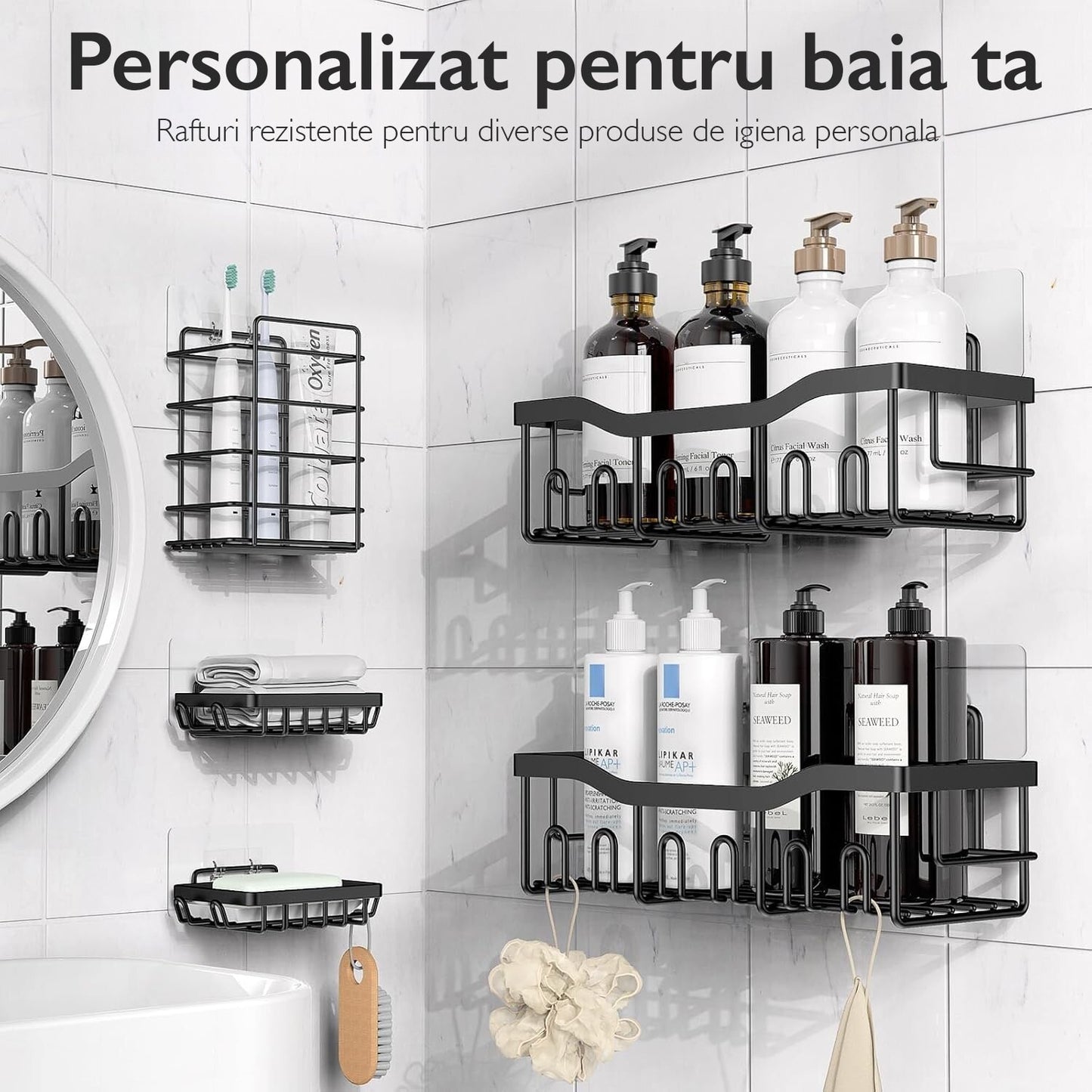 Set 5 Rafturi Organizatoare Macvi® pentru Baie si Bucatarie, Inox Negru, Montaj Fara Gauri, Suport Sapun, Periute si Gel de Dus, Design Modern si Durabil