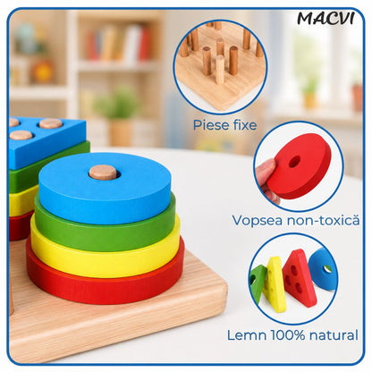 Jucarie  Tip Sortat Macvi® pentru Copii, 16 Piese, Forme Geometrice, 4 Coloane de Sortare