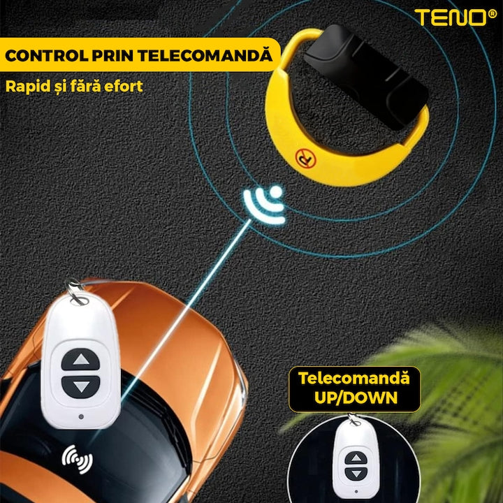 Blocator Parcare Automat Teno®, patrat, pentru loc parcare si alee, cu telecomanda si alarma, greutate suportata 5 tone, material rezistent, anti-rugina, alimentare cu acumulator, negru/galben