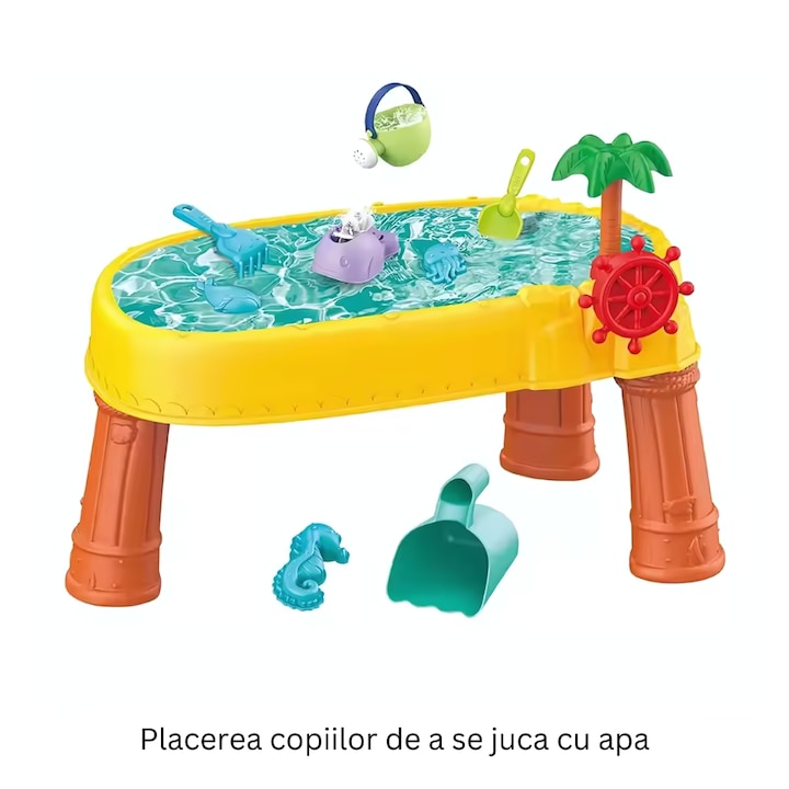 Masa de apa 2 in 1 Macvi® pentru copii, cu 8 accesorii interactive, multicolor, recomandata 3 ani+