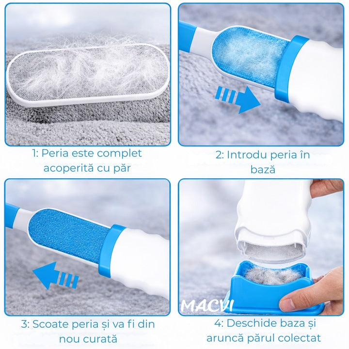 Set 2 Perii Speciale Macvi® pentru Indepartarea Parului de Animale de Pe Haine si Tapiterii, Sistem de Autocuratare, Perie de Dimensiuni Reduse Ideala pentru Calatorii, Alb/Albastru