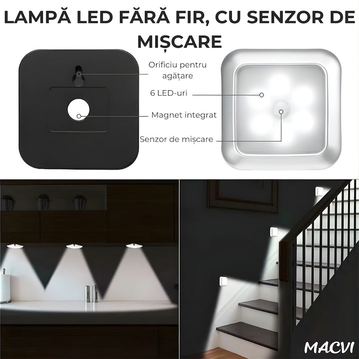 Lampa LED Macvi® cu senzor de miscare si alimentare pe baterii iluminare automata pentru holuri, scari, dulapuri si sertare, montaj rapid fara cabluri, 1 buc