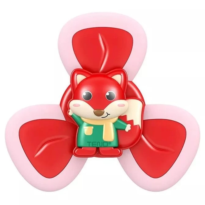 Jucarie Interactiva Fidget Spinner Teno®, forma Vulpe, margini de silicon, 3 laturi, ventuza de prindere, 1-3 ani, rosu