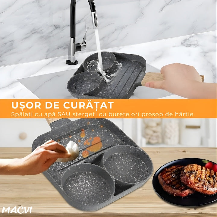 Tigaie Macvi® pentru mic dejun cu 3 gauri aluminiu antiaderent pentru oua burgeri clatite omleta maner ergonomic bachelita pentru aragaz si inductie