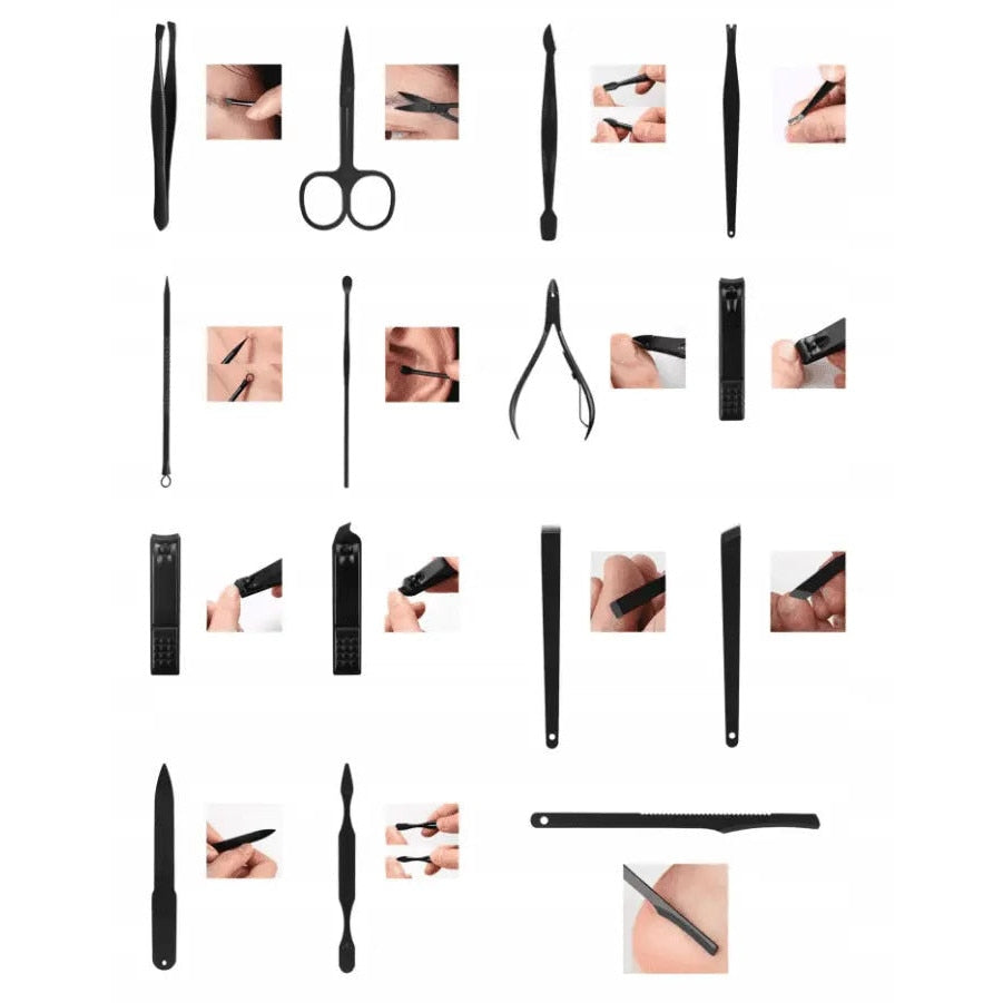 Set manichiura pedichiura Macvi® 15 piese din inox cu husa din piele ecologica si interior de velur sintetic rosu pentru ingrijirea completa a unghiilor