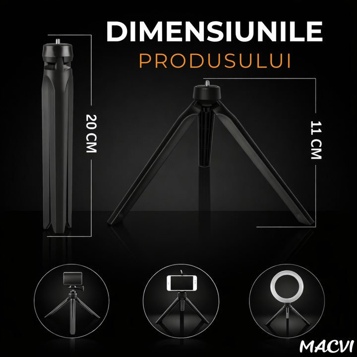 Mini Trepied pentru Telefon, Aparate Foto si Video Macvi® cu Lampi Circulare, Portabil, Pliabil, Ergonomic, Negru