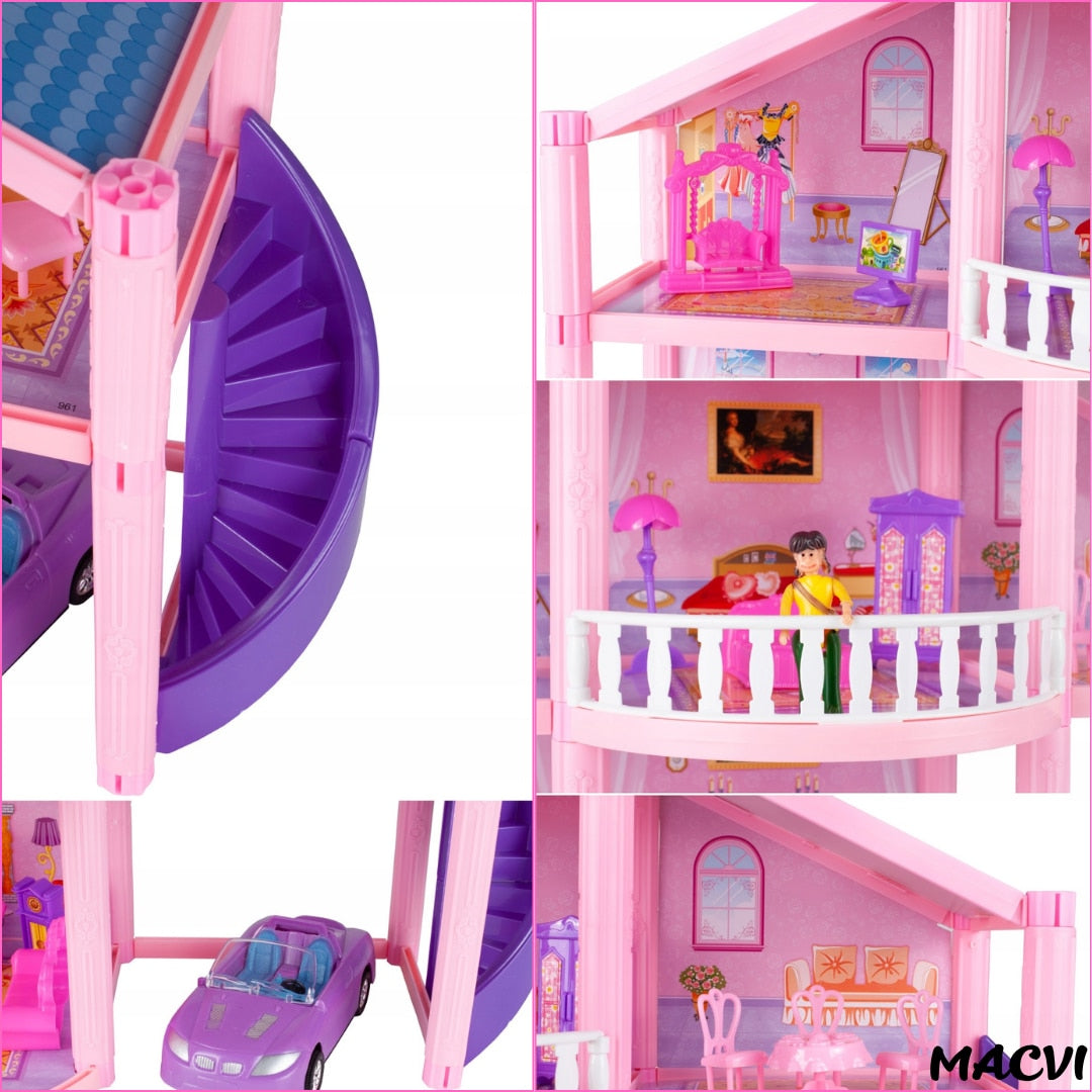 Casuta pentru papusi Macvi® Lovely House, 2 etaje, 5 camere, garaj cu masina, 2 figurine incluse, set 112 piese