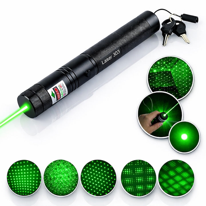 Laser Pointer Macvi® 405nm, 200mW, aluminiu, negru, cu blocare pentru copii, 100-500m