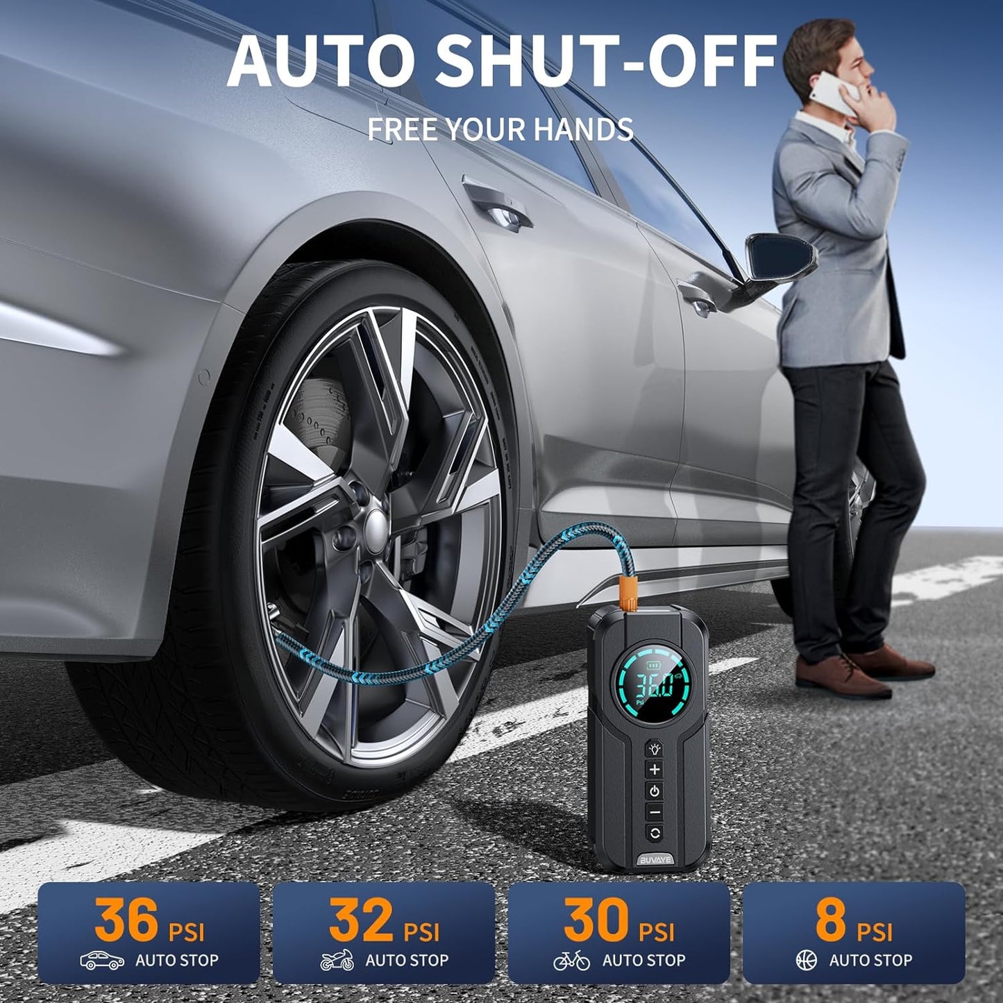 Compresor de aer auto Macvi® Smart, portabil si multifunctional, 6000mAh, 180PSI, lanterna LED SOS, baterie externa si accesorii complete