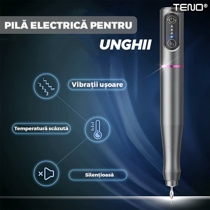 Pila Electrica Profesionala pentru Unghii Teno®, freza wireless, 20000 RPM, indicator LED, manichiura-pedichiura, 6 capete pentru pila, 60 benzi de slefurie, portabila, gri