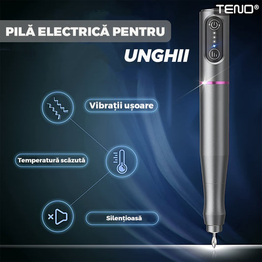 Pila Electrica Profesionala pentru Unghii Teno®, freza wireless, 20000 RPM, indicator LED, manichiura-pedichiura, 6 capete pentru pila, 60 benzi de slefurie, portabila, gri