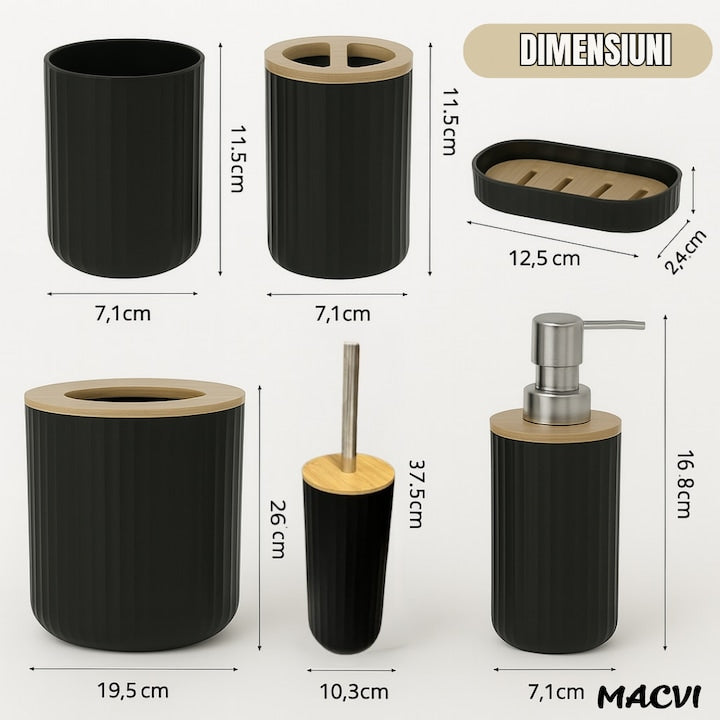Set Baie Macvi® 6 Piese Negru Mat cu Accente de Lemn, Cos Gunoi, Perie WC, Dozator Sapun, Suport Periute, Pahar si Sapuniera