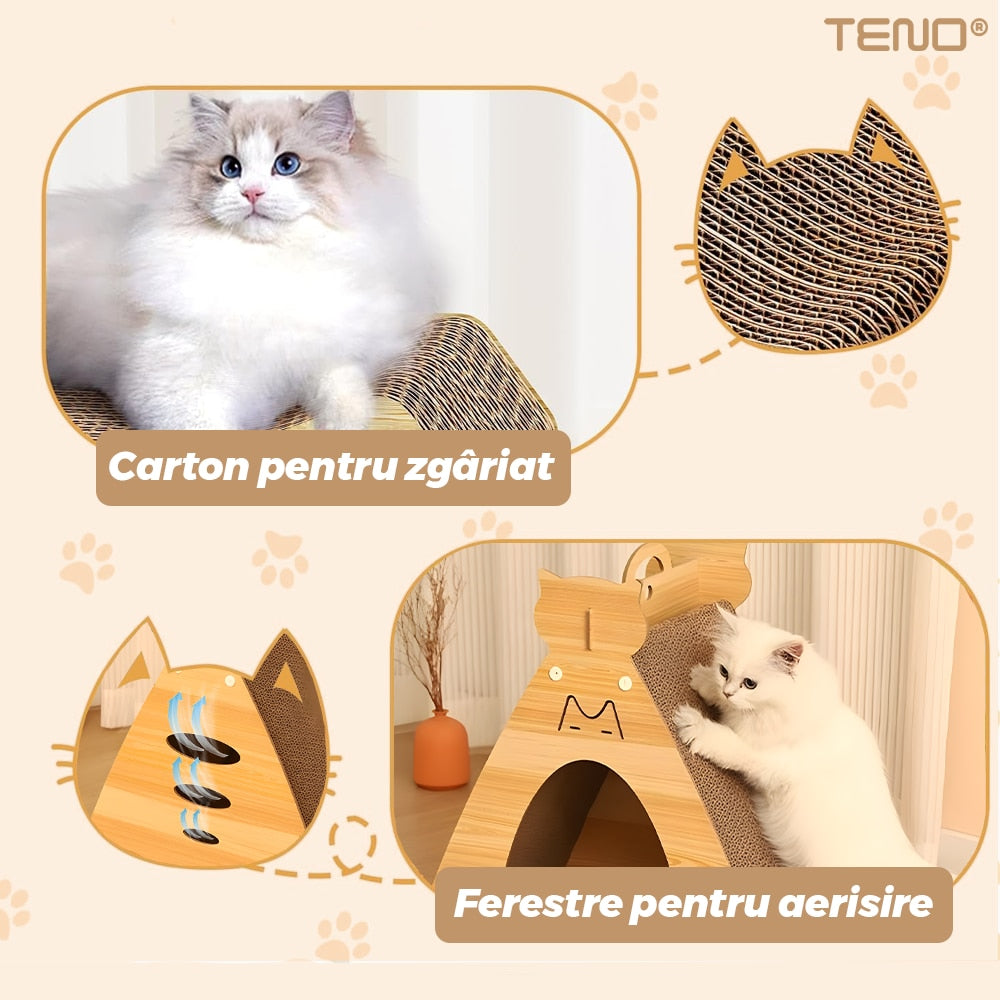 Ansamblu de Joaca pentru Pisici Teno, Casuta, Maro Deschis, Usor de Mutat