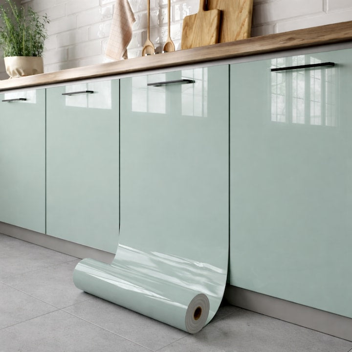 Folie Autoadeziva Verde Salvie Lucios Macvi® Rezistenta la Caldura 10 m x 60 cm, Impermeabila si Anti-Ulei, Tip Rola, Pentru Bucatarie si Mobilier, Finisaj Lucios