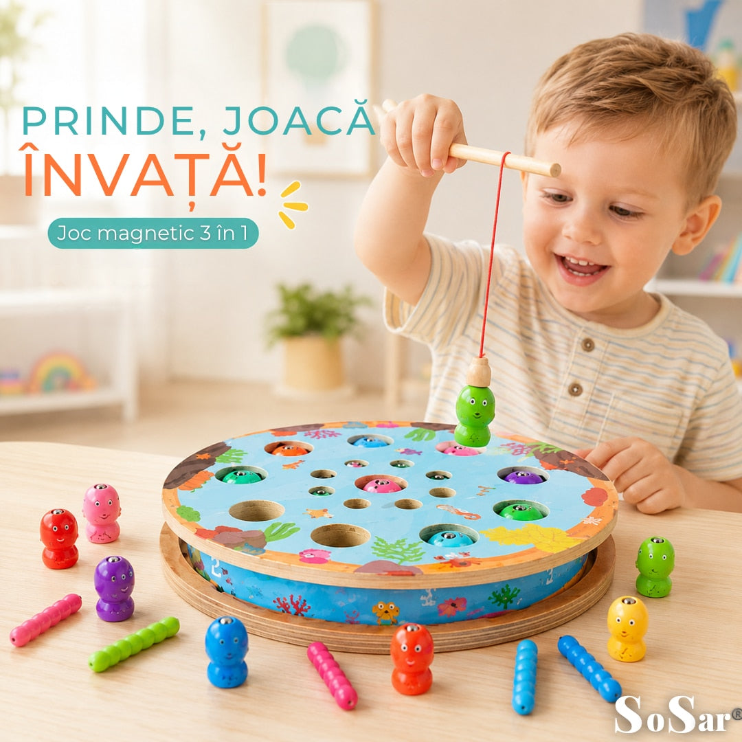 Joc Educativ din Lemn Sosar® 3 in 1 Pescuit Magnetic Sah si Sortare Culori Dezvolta Coordonarea Mana Ochi Abilitatile Cognitive si Motricitatea Fina