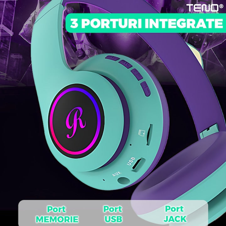 Casti Wireless Model Pisica Teno®, overear, urechi de pisica cu iluminare RGB, bluetooth 5.0, handsfree, HiFi, bass stereo, menta/mov