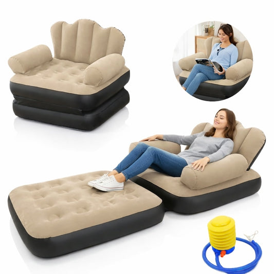 Fotoliu Gonflabil Macvi® XL 2 in 1 Portabil Pentru Interior, Exterior, Camping sau Plaja, Design Ergonomic, 100x88x90 cm, Maro
