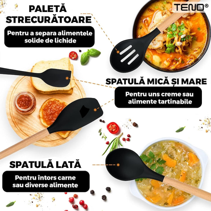 Set Ustensile Bucatarie 12 Piese Silicon Alimentar Teno®, termorezistente, antiaderente, sigure, suport inclus, negru