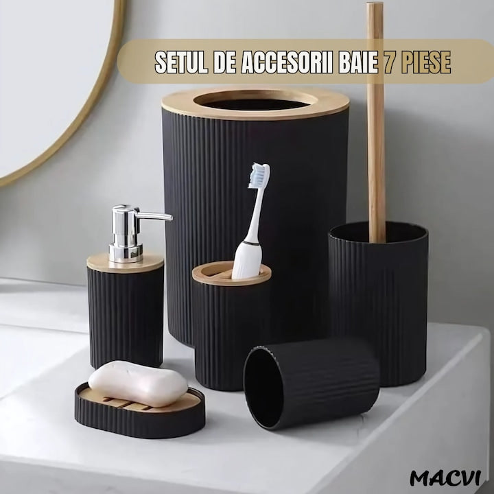 Set Baie Macvi® 6 Piese Negru Mat cu Accente de Lemn, Cos Gunoi, Perie WC, Dozator Sapun, Suport Periute, Pahar si Sapuniera