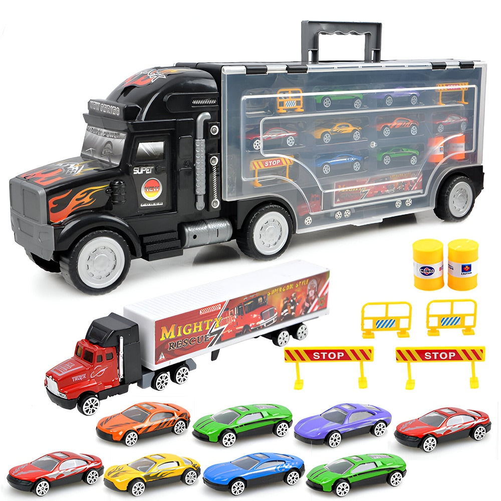 Set Camion Trailer de Jucarie pentru Transport Teno®, pentru masinute de curse, 9 masinute incluse, semne de circulatie, accesorii mobile, plastic si metal, scara 1:22, negru