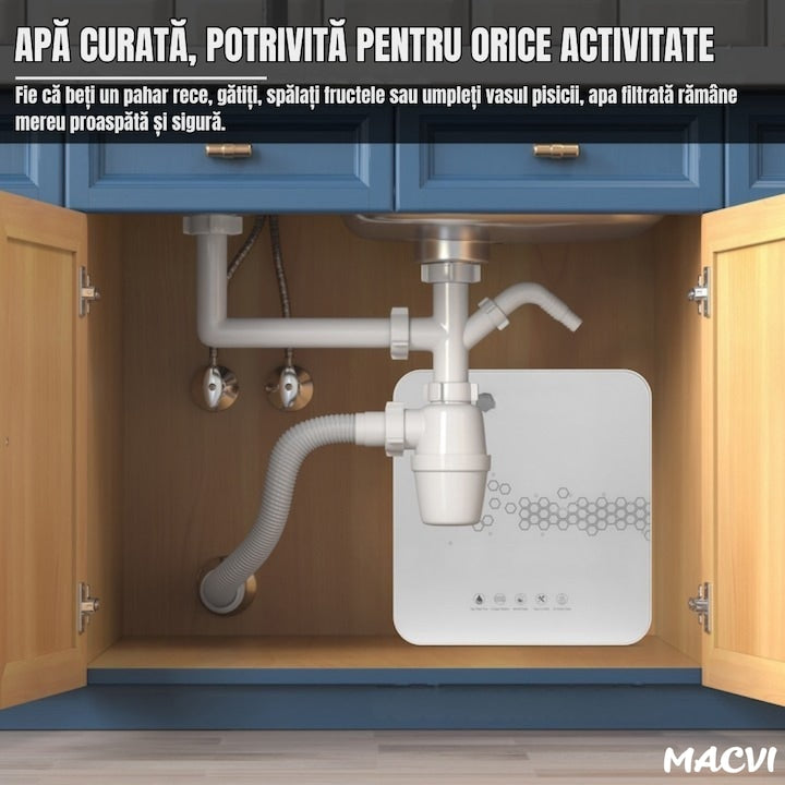 Filtru apa ultrafiltrare Macvi® 5 etape + alcalinizare, precizie 0, 01 µm, baterie 3 cai, robinet 360°, sub chiuveta