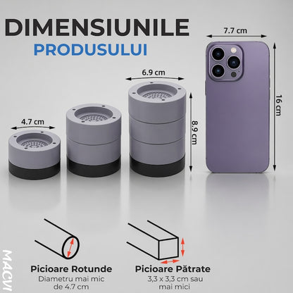 Set 4 Tampoane pentru Picioare Macvi® din Plastic, Gri Protectie si Stabilitate pentru Masina de Spalat