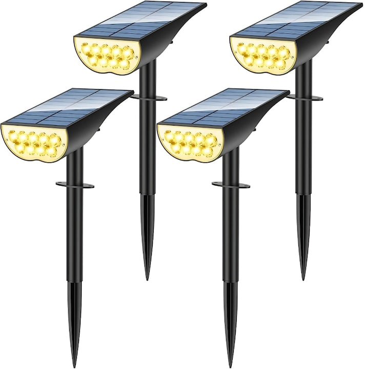 Set 4 Lampi Solare Exterior Macvi® cu Senzor Miscare 3 Moduri LED IP65 Alb Cald pentru Gradina Curte Alei Negru Descriere