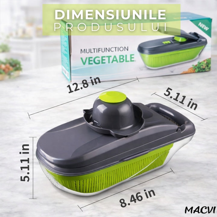 Tocator multifunctional legume MACVI 12 in 1, 8 lame interschimbabile din otel inoxidabil, recipient 1, 5 L, pentru feliere, taiere cuburi
