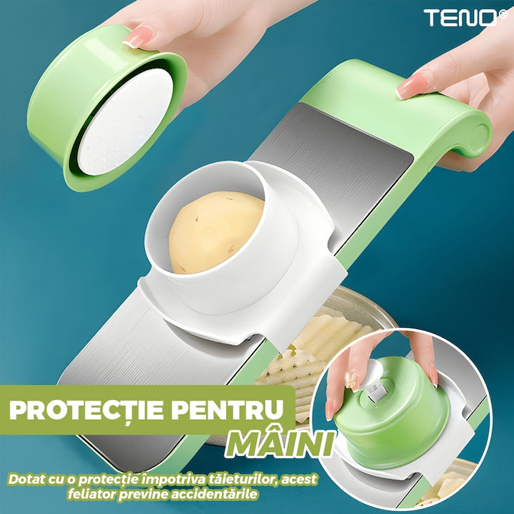 Feliator 7 in 1 Teno®, 5 accesorii de feliere, materiale rezistente, waterproof, protectie pentru mana, mandoline si razatoare, recipient de depozitare, verde deschis