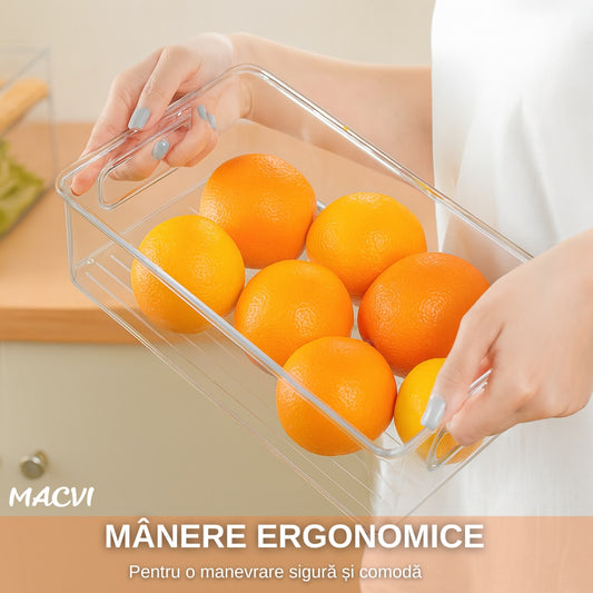 Set 4 organizatoare Macvi® pentru frigider, ABS durabil, fara BPA, stocabile, cu manere integrate, 26×15 cm, transparente
