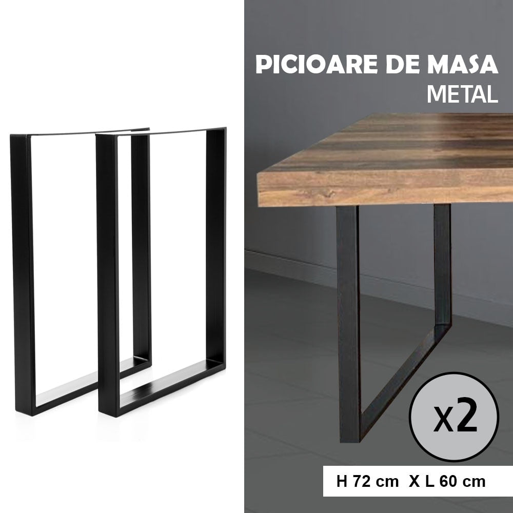 Set 2 Picioare Masa Macvi®, Profil Lat 80 mm, Metal Negru, 72x60x8 cm, Vopsire Electrostatica Premium, Design Industrial