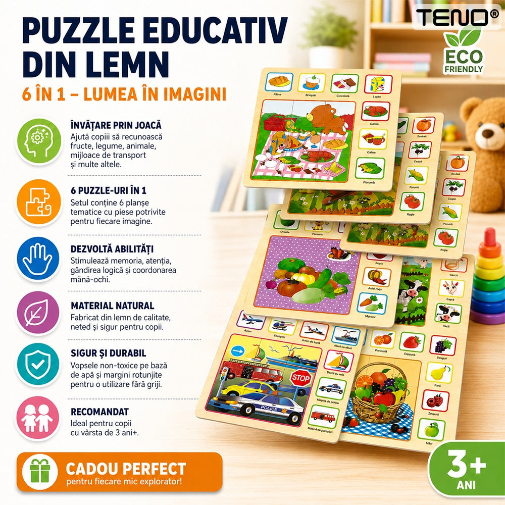 Set 6 Tablite Educationale Montessori Teno®, puzzle inteligent, diverse teme, din lemn, culori vibrante, dezvoltare cognitiva/inteligenta, multicolor