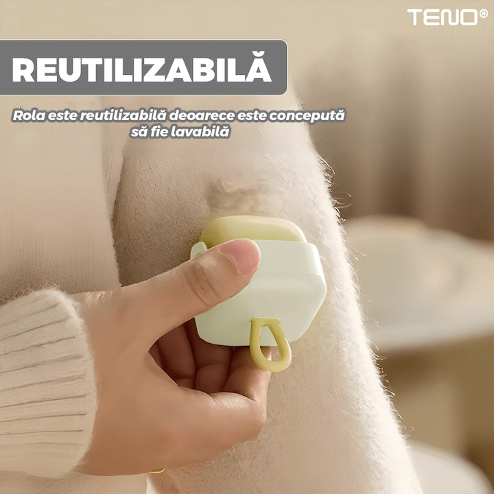 Mini Rola Scame Teno®, reutilizabila prin spalare, silicon lavabil, indepartare scame/par animale/praf, pentru mobilier/haine, compacta, 4.5 x 4.5 cm, crem/alb
